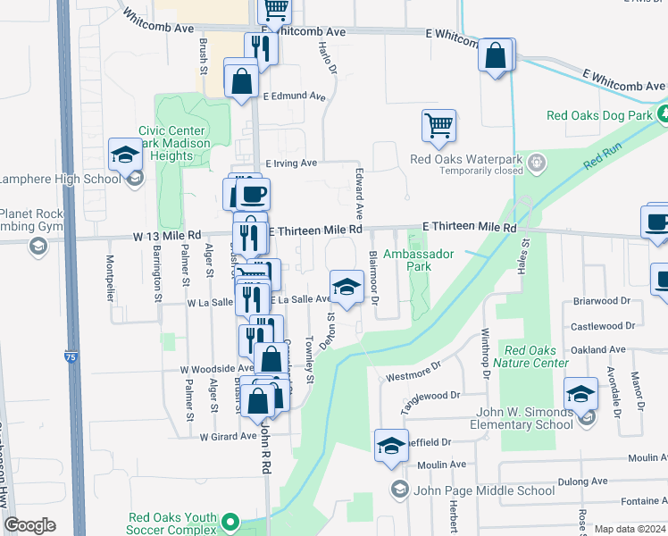 map of restaurants, bars, coffee shops, grocery stores, and more near 340 East Thirteen Mile Road in Madison Heights