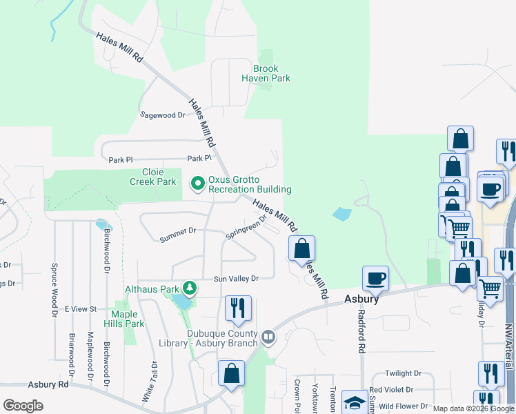 map of restaurants, bars, coffee shops, grocery stores, and more near 2950 Hales Mill Road in Asbury