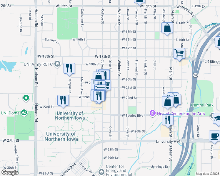 map of restaurants, bars, coffee shops, grocery stores, and more near 709 West 21st Street in Cedar Falls