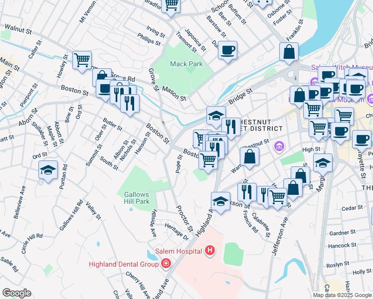 map of restaurants, bars, coffee shops, grocery stores, and more near 192 Federal Street in Salem