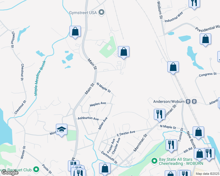 map of restaurants, bars, coffee shops, grocery stores, and more near 3 Virginia Avenue in Woburn