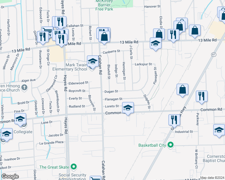 map of restaurants, bars, coffee shops, grocery stores, and more near 15685 Dugan Street in Roseville