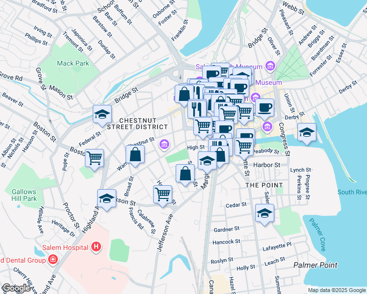 map of restaurants, bars, coffee shops, grocery stores, and more near 1 Broad Street in Salem