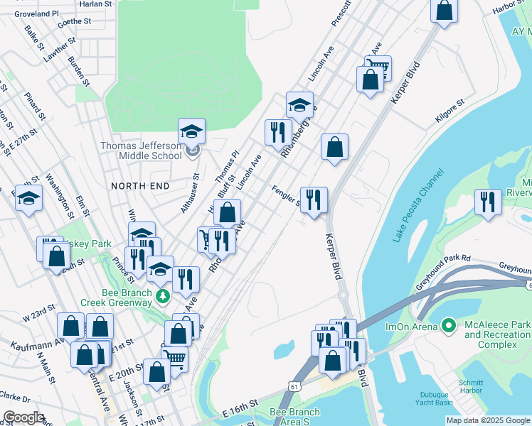 map of restaurants, bars, coffee shops, grocery stores, and more near 1019 Garfield Avenue in Dubuque