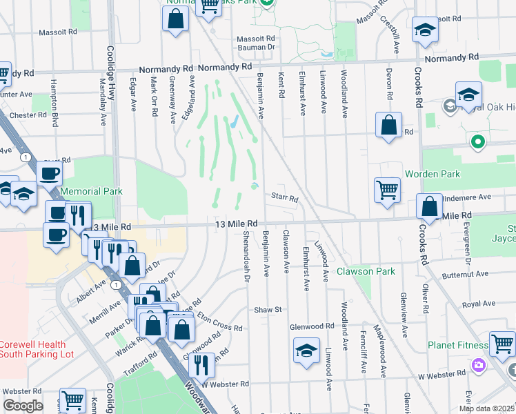 map of restaurants, bars, coffee shops, grocery stores, and more near 3433 Benjamin Avenue in Royal Oak