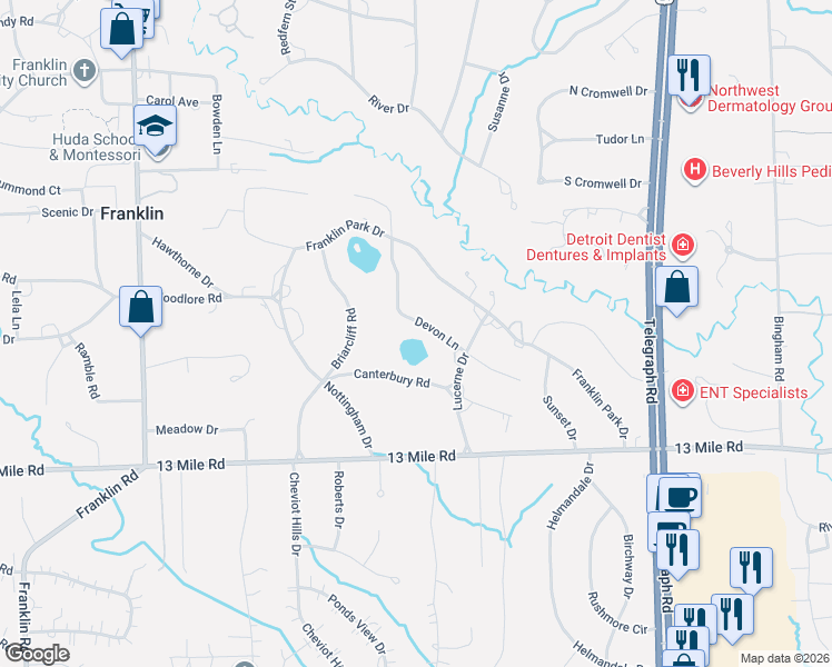 map of restaurants, bars, coffee shops, grocery stores, and more near 25325 Devon Lane in Franklin