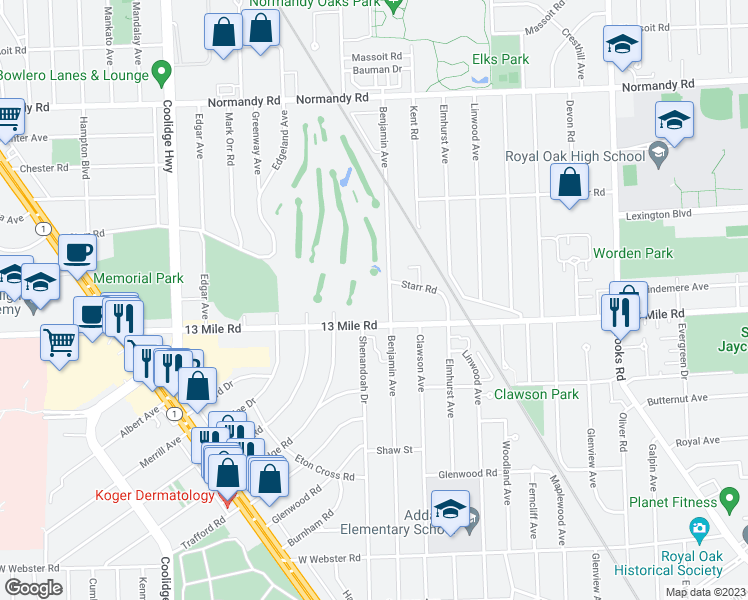 map of restaurants, bars, coffee shops, grocery stores, and more near 3433 Benjamin Avenue in Royal Oak