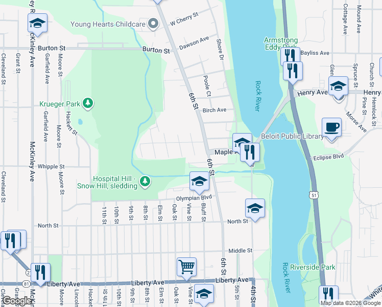 map of restaurants, bars, coffee shops, grocery stores, and more near 1520 Bluff Street in Beloit