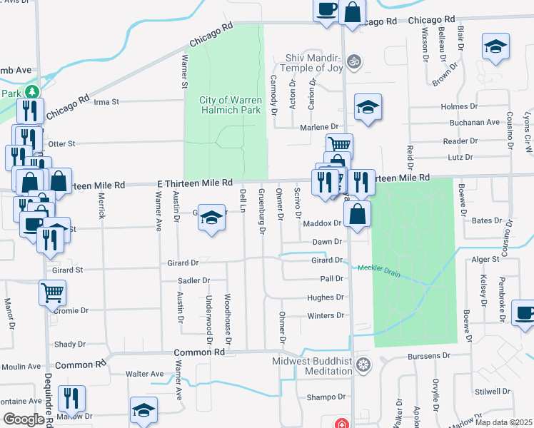 map of restaurants, bars, coffee shops, grocery stores, and more near 30812 Gruenburg Drive in Warren