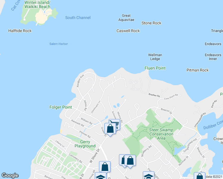 map of restaurants, bars, coffee shops, grocery stores, and more near 3 Ocean Meadow Lane in Marblehead