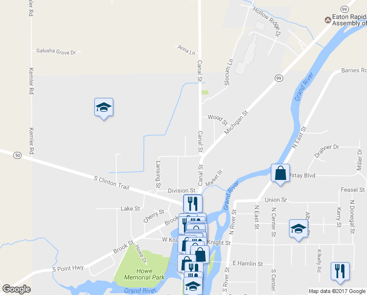 map of restaurants, bars, coffee shops, grocery stores, and more near 511 Clark Street in Eaton Rapids