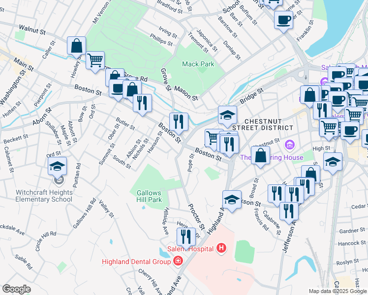 map of restaurants, bars, coffee shops, grocery stores, and more near 11 Proctor Street in Salem