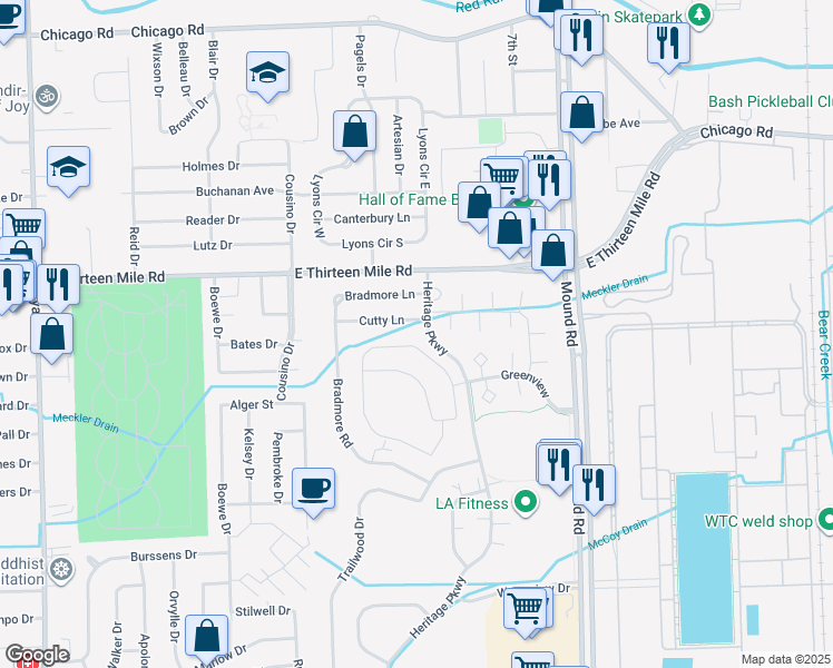 map of restaurants, bars, coffee shops, grocery stores, and more near 5356 Hawkseye Trce in Warren