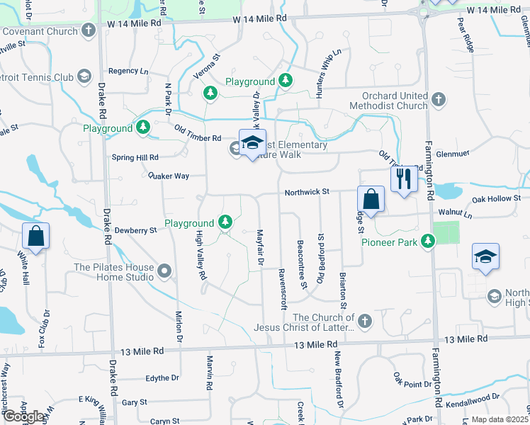 map of restaurants, bars, coffee shops, grocery stores, and more near 30092 Mayfair Drive in Farmington Hills