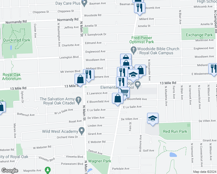 map of restaurants, bars, coffee shops, grocery stores, and more near 302 East Thirteen Mile Road in Royal Oak