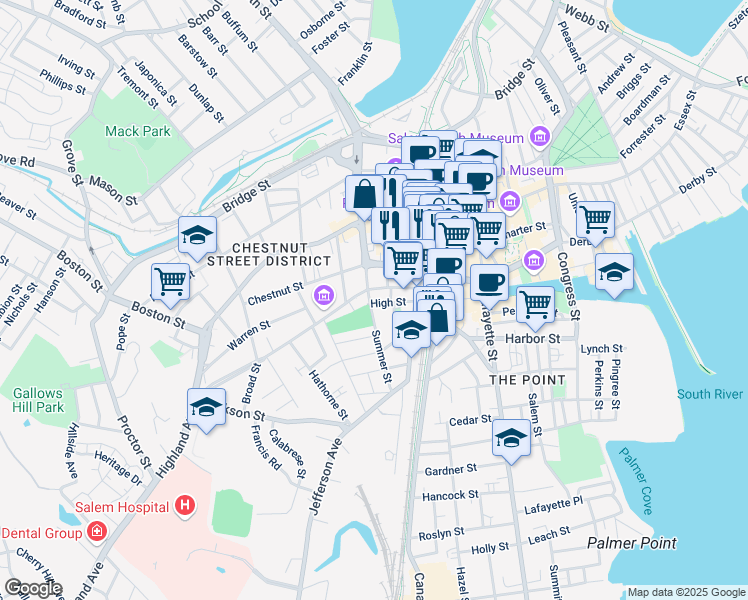 map of restaurants, bars, coffee shops, grocery stores, and more near 2 Gedney Street Court in Salem