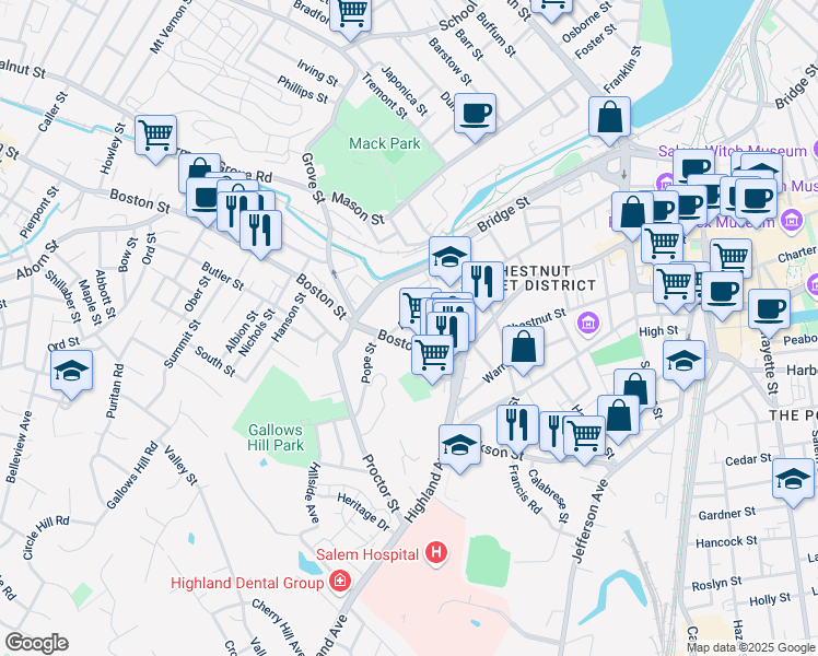 map of restaurants, bars, coffee shops, grocery stores, and more near 192 Federal Street in Salem