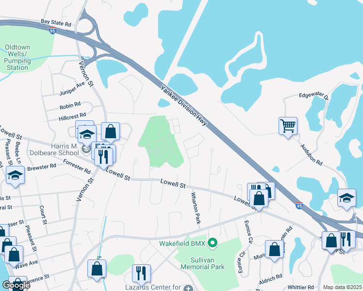 map of restaurants, bars, coffee shops, grocery stores, and more near 41 Keeling Road in Wakefield