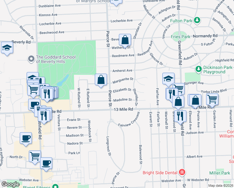 map of restaurants, bars, coffee shops, grocery stores, and more near 16249 Elizabeth Street in Beverly Hills