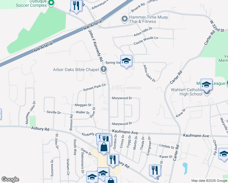 map of restaurants, bars, coffee shops, grocery stores, and more near 3260 Raven Oaks Drive in Dubuque
