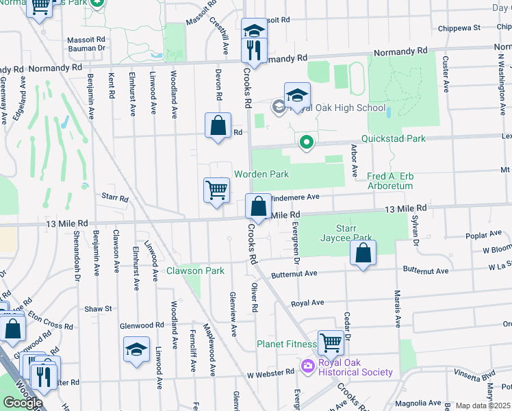 map of restaurants, bars, coffee shops, grocery stores, and more near 3314 Crooks Road in Royal Oak