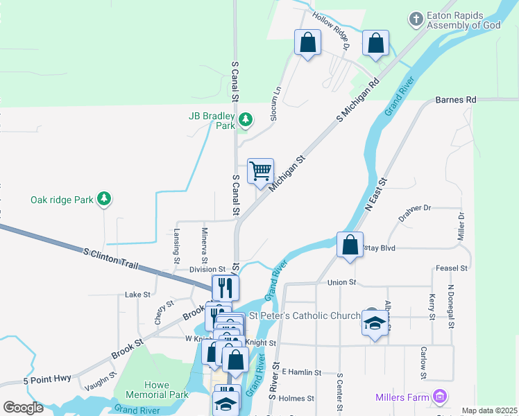 map of restaurants, bars, coffee shops, grocery stores, and more near 524 Michigan Street in Eaton Rapids