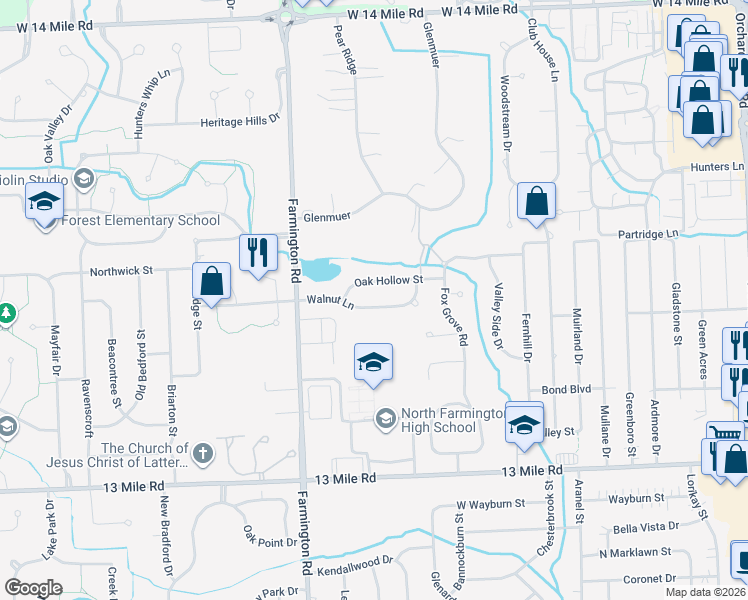 map of restaurants, bars, coffee shops, grocery stores, and more near 33208 Walnut Lane in Farmington Hills