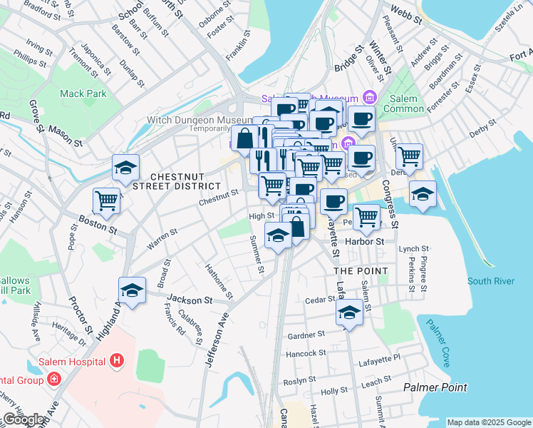 map of restaurants, bars, coffee shops, grocery stores, and more near 2 Gedney Street Court in Salem