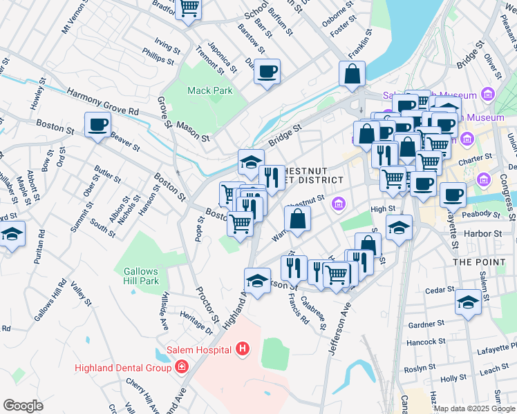 map of restaurants, bars, coffee shops, grocery stores, and more near 2 North Pine Street in Salem