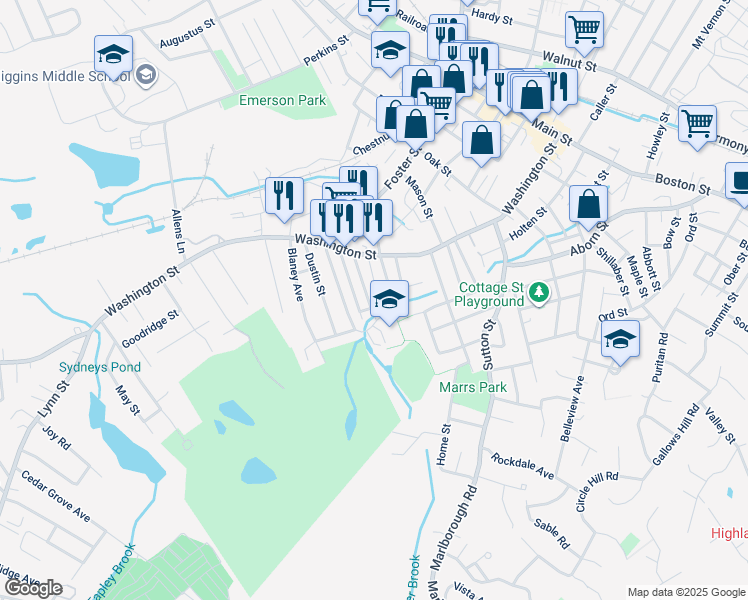 map of restaurants, bars, coffee shops, grocery stores, and more near 34 Bresnahan Street in Peabody