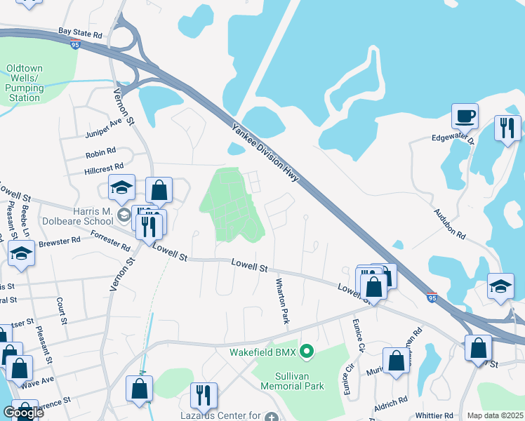 map of restaurants, bars, coffee shops, grocery stores, and more near 41 Keeling Road in Wakefield