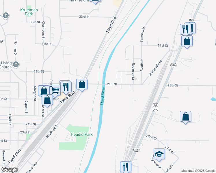 map of restaurants, bars, coffee shops, grocery stores, and more near 2620 28th Street in Sioux City