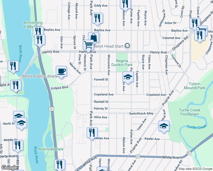 map of restaurants, bars, coffee shops, grocery stores, and more near 1632 Wisconsin Avenue in Beloit