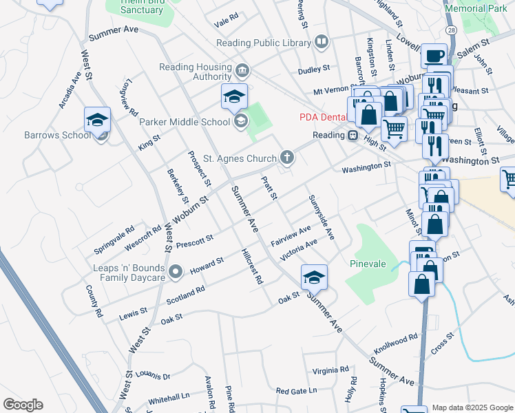 map of restaurants, bars, coffee shops, grocery stores, and more near 115 Prescott Street in Reading