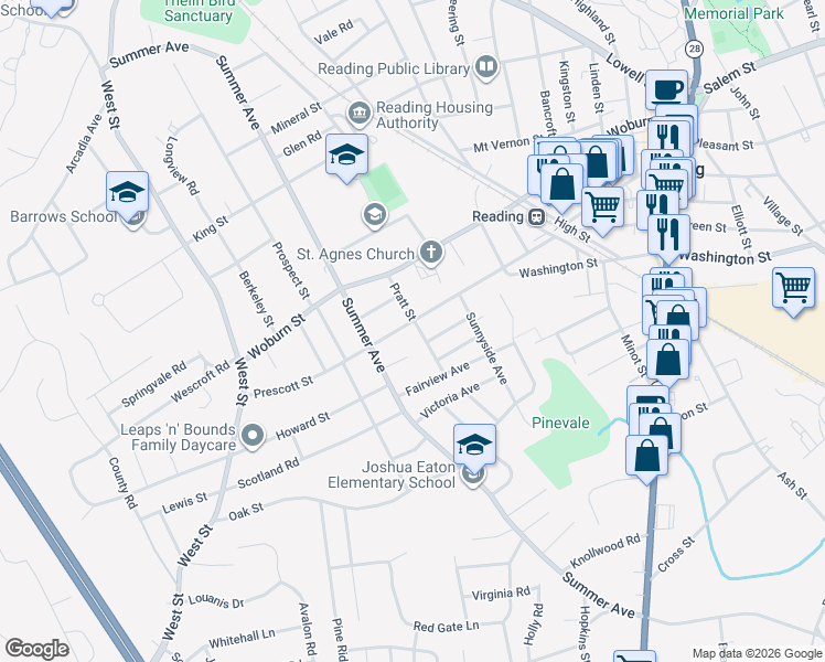 map of restaurants, bars, coffee shops, grocery stores, and more near 105 Prescott Street in Reading
