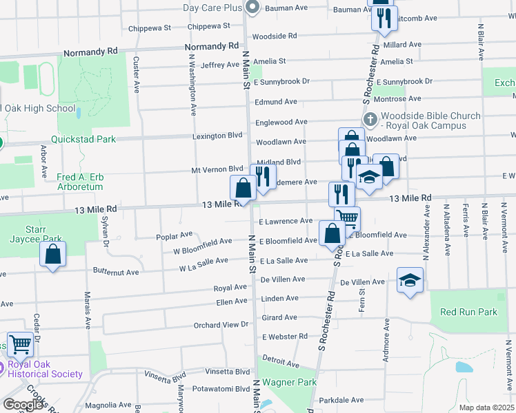 map of restaurants, bars, coffee shops, grocery stores, and more near 3224 North Main Street in Royal Oak