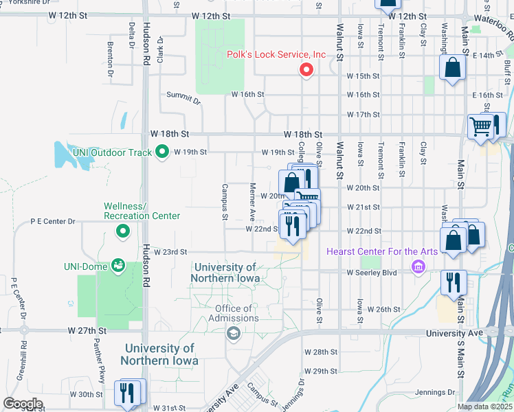 map of restaurants, bars, coffee shops, grocery stores, and more near 2030 Merner Avenue in Cedar Falls