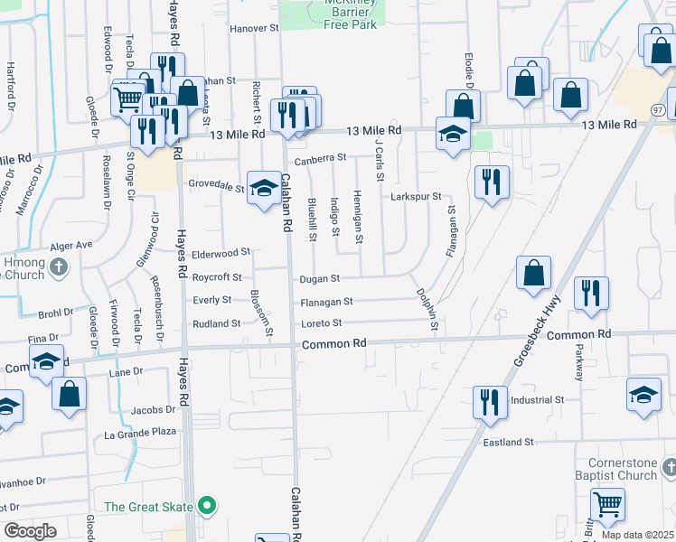 map of restaurants, bars, coffee shops, grocery stores, and more near 15685 Dugan Street in Roseville