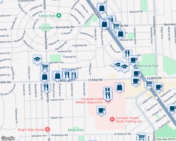 map of restaurants, bars, coffee shops, grocery stores, and more near 3873 Yorba Linda Boulevard in Royal Oak