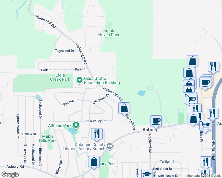 map of restaurants, bars, coffee shops, grocery stores, and more near 2950 Hales Mill Road in Asbury