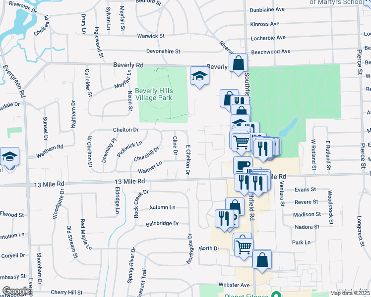 map of restaurants, bars, coffee shops, grocery stores, and more near 18589 East Chelton Drive in Beverly Hills