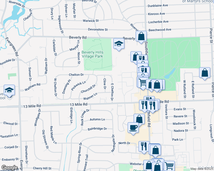 map of restaurants, bars, coffee shops, grocery stores, and more near 18589 East Chelton Drive in Beverly Hills