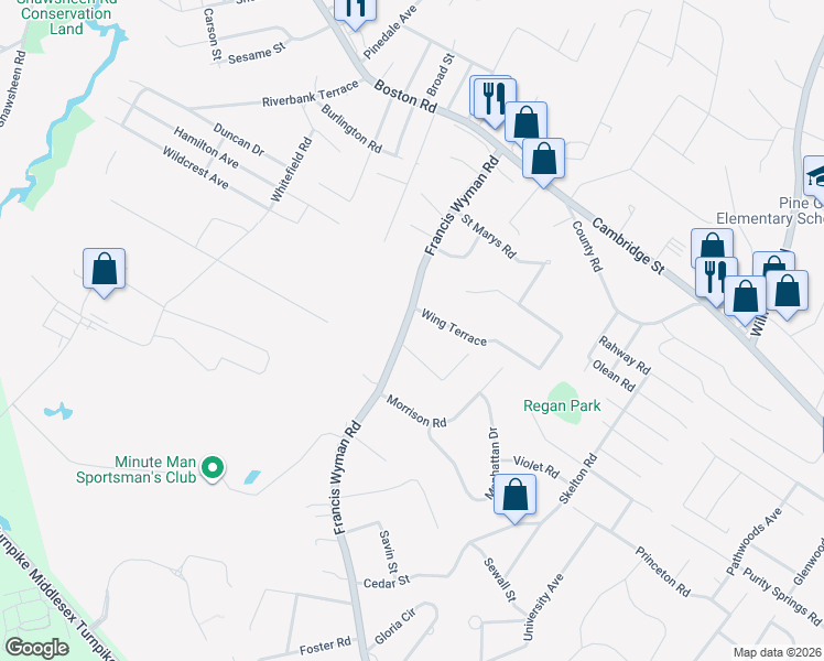 map of restaurants, bars, coffee shops, grocery stores, and more near 31 Francis Wyman Road in Burlington