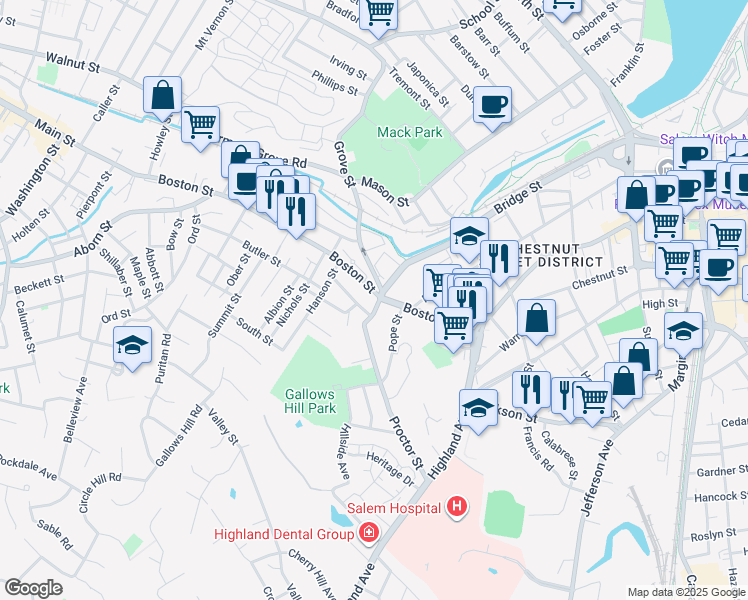 map of restaurants, bars, coffee shops, grocery stores, and more near 65 Boston Street in Salem