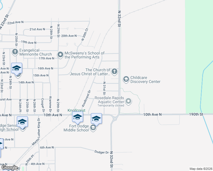 map of restaurants, bars, coffee shops, grocery stores, and more near 3105 14th Avenue North in Fort Dodge
