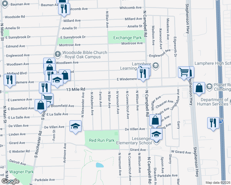 map of restaurants, bars, coffee shops, grocery stores, and more near 3215 N Vermont Ave in Royal Oak
