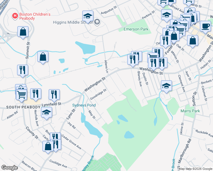 map of restaurants, bars, coffee shops, grocery stores, and more near 10 Hourihan Street in Peabody