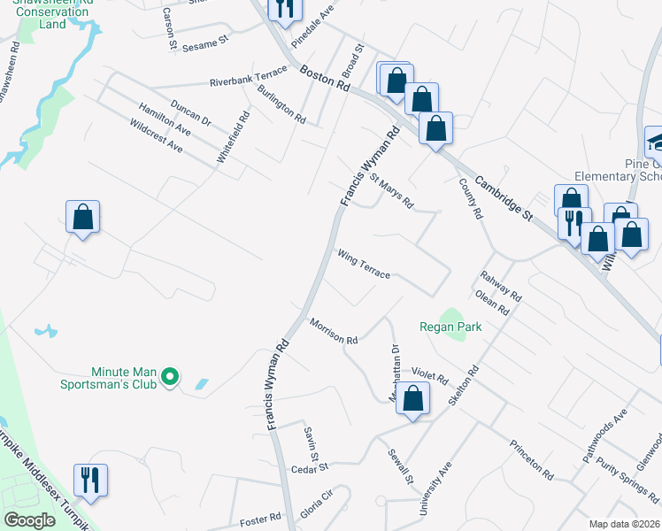 map of restaurants, bars, coffee shops, grocery stores, and more near 31 Francis Wyman Road in Burlington