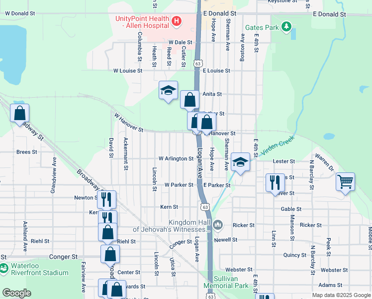 map of restaurants, bars, coffee shops, grocery stores, and more near 516 Cutler Street in Waterloo