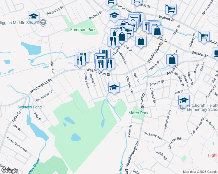 map of restaurants, bars, coffee shops, grocery stores, and more near 34 Bresnahan Street in Peabody